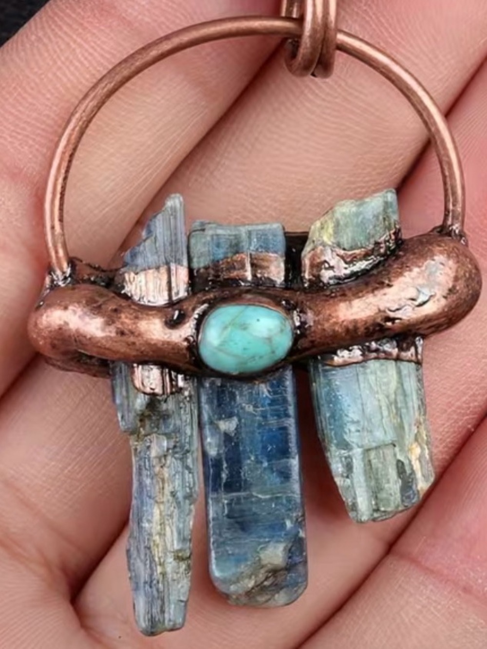 Handcrafted Blue Kyanite & Turquoise Copper Pendant Necklace NEW